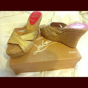 CL gold metallic braided espadrille wedges.